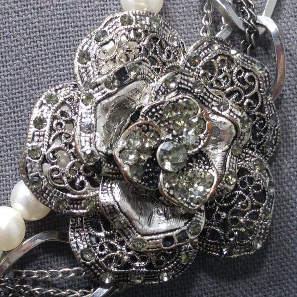 New York & Company Faux Pearl Side Rhinestone Pendant Necklace - Picture 2 of 7